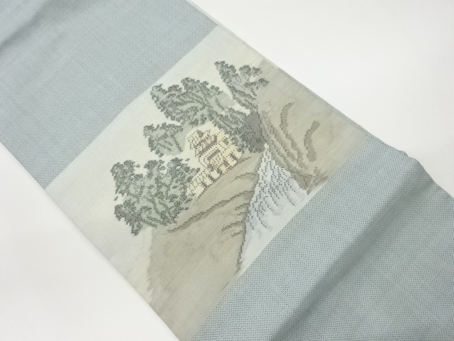 手織り紬木々に抽象城模様織出し名古屋帯